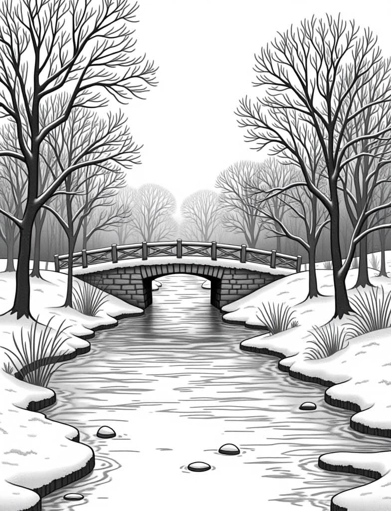  this is for an adult coloring page. a detailed black and white line art of a snowy winter scene with a snow covered bridge over a frozen river on a solid white background.