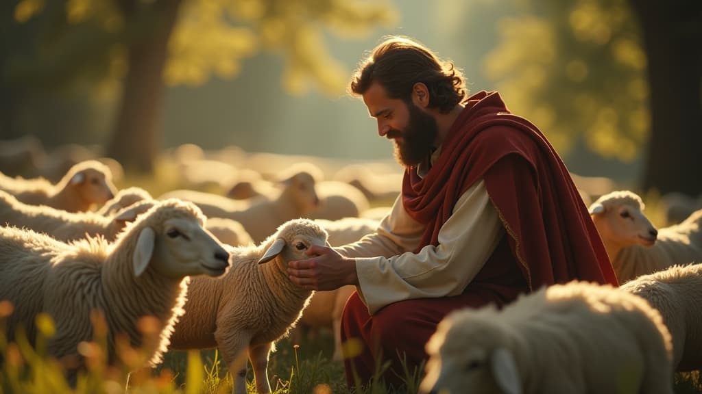  history of biblical times, an image capturing peter's tender care for his flock, surrounded by a peaceful setting, reflecting his pastoral heart. hyperrealistic, full body, detailed clothing, highly detailed, cinematic lighting, stunningly beautiful, intricate, sharp focus, f/1. 8, 85mm, (centered image composition), (professionally color graded), ((bright soft diffused light)), volumetric fog, trending on instagram, trending on tumblr, HDR 4K, 8K