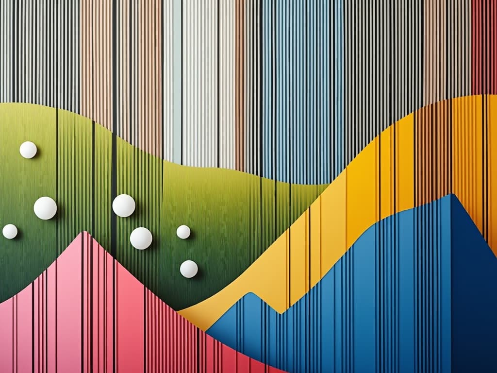  modern, abstract art piece featuring a combination of vertical lines and geometric shapes. the layout includes a series of vertical, multicolored lines that create a sense of depth and texture. the background consists of a gradient of green and yellow hues, resembling a field, with white spherical shapes distributed throughout, adding a three dimensional effect. in the foreground, there are pink and blue triangular forms that appear to be rising from the bottom, contributing to the layered composition. the overall style is contemporary and visually dynamic, with a focus on color contrast and spatial arrangement.