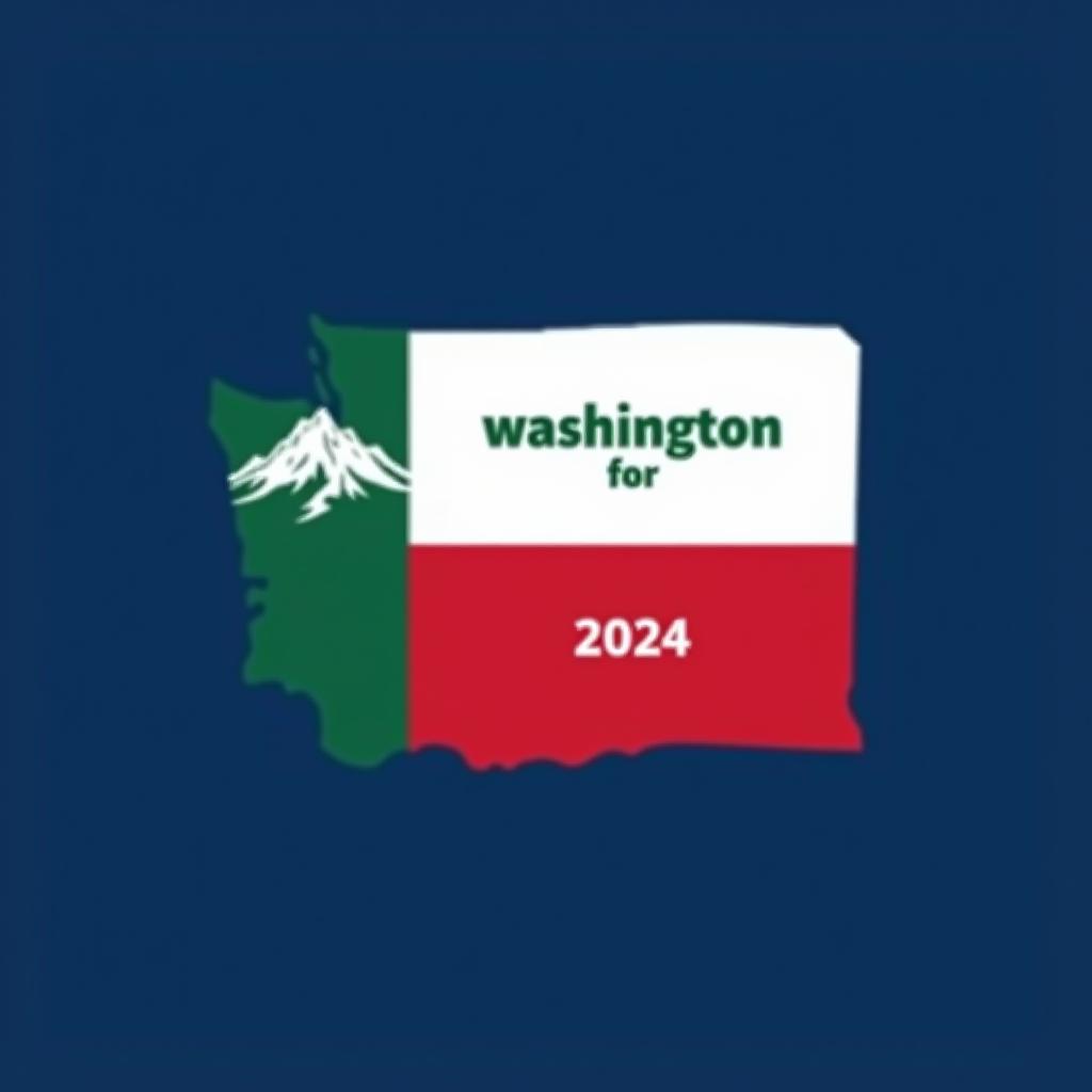  a tshirt design inspired by the washington state flag. the left side features a green vertical stripe with a large mountain in the center. the right side is divided into two horizontal sections: the top section is white with the text 'washington for' in bold, green, uppercase letters, and the bottom section is red with the text 'harris walz 2024' in bold, white, uppercase letters. the overall layout is clean and straightforward, with a clear and patriotic color scheme of blue, white, and red.