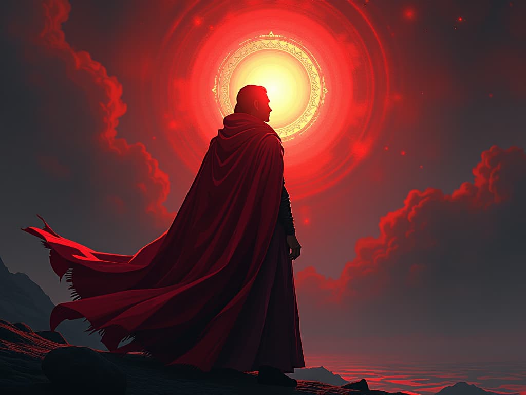  visionary in red garment, looking towards a horizon filled with light, potential of fulfilling highest potential. the style is digital art illustration / modern comic book / graphic dark novel fantasy and mysterious occult, symbolic, moody lighting, esoteric vibe,high detail on character design. for the color scheme emphasize blacks and reds.