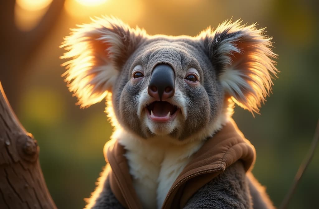  in the soft glow of golden hour light, a charming koala lazily yawns, its fluffy ears twitching in the gentle breeze. the shallow depth of field photography captures the fuzzy marsupial in exquisite detail, highlighting every whisker and the delicate texture of its fur. the image radiates warmth and tranquility, evoking a sense of peacefulness and connection with nature. with stunning clarity and skillful composition, this photograph beautifully captures the essence of wildlife in its natural habitat., realistic, portrait, art by donato giancola and greg rutkowski, realistic face, digital art, trending on artstation hyperrealistic, full body, detailed clothing, highly detailed, cinematic lighting, stunningly beautiful, intricate, sharp focus, f/1. 8, 85mm, (centered image composition), (professionally color graded), ((bright soft diffused light)), volumetric fog, trending on instagram, trending on tumblr, HDR 4K, 8K