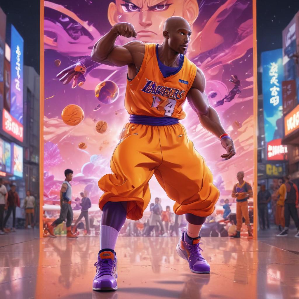 distance-shot, flashy, full-body, dynamic, holographic, animated cartoon poster of kobe scene in the style of dragon ball super