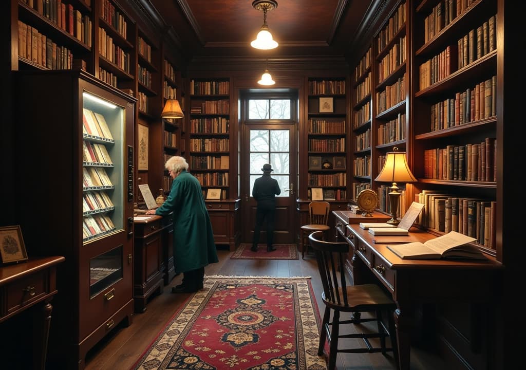  a cozy interior of monkey’s paw bookstore filled with eclectic rare books and a vintage vending machine, alongside the arthur conan doyle room in the toronto reference library featuring memorabilia and first editions of sherlock holmes works, with visitors engaging with displays and enjoying the literary atmosphere of these cultural gems in toronto. hyperrealistic, full body, detailed clothing, highly detailed, cinematic lighting, stunningly beautiful, intricate, sharp focus, f/1. 8, 85mm, (centered image composition), (professionally color graded), ((bright soft diffused light)), volumetric fog, trending on instagram, trending on tumblr, HDR 4K, 8K