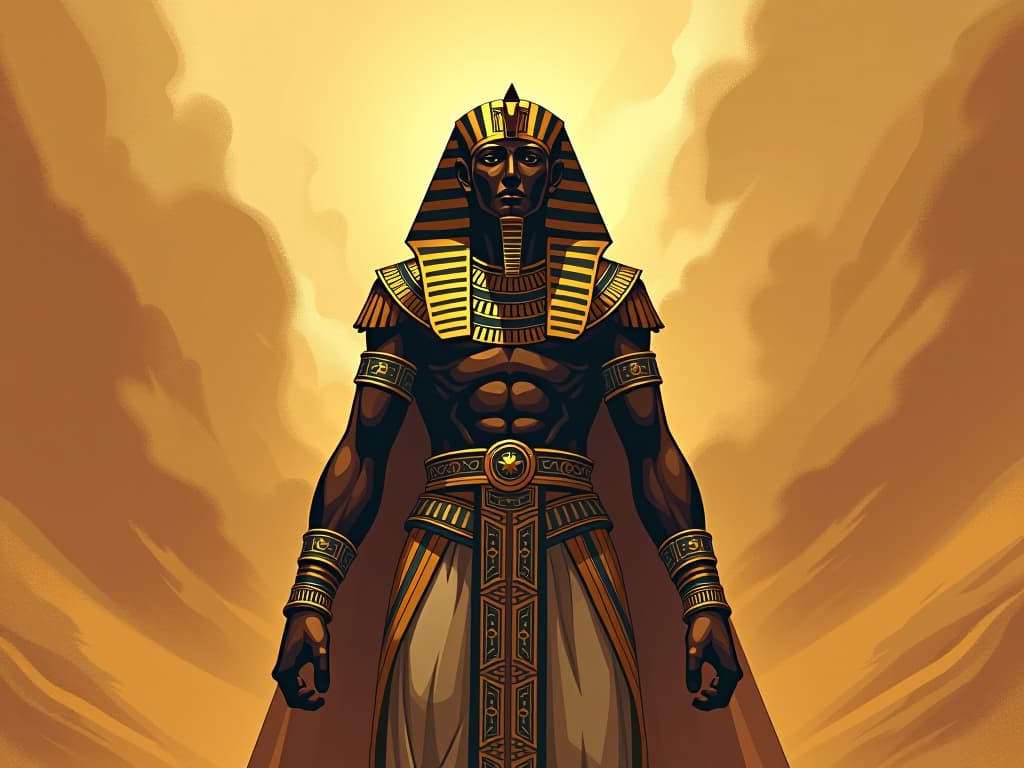  pharaoh wearing a golden crown, standing resilient amidst a sandstorm, symbolizing handling chaos with strength and wisdom. the style is digital art illustration / modern comic book / mysterious occult, symbolic, esoteric vibe,high detail on character design, incorporating ancient egyptian symbology and attire.