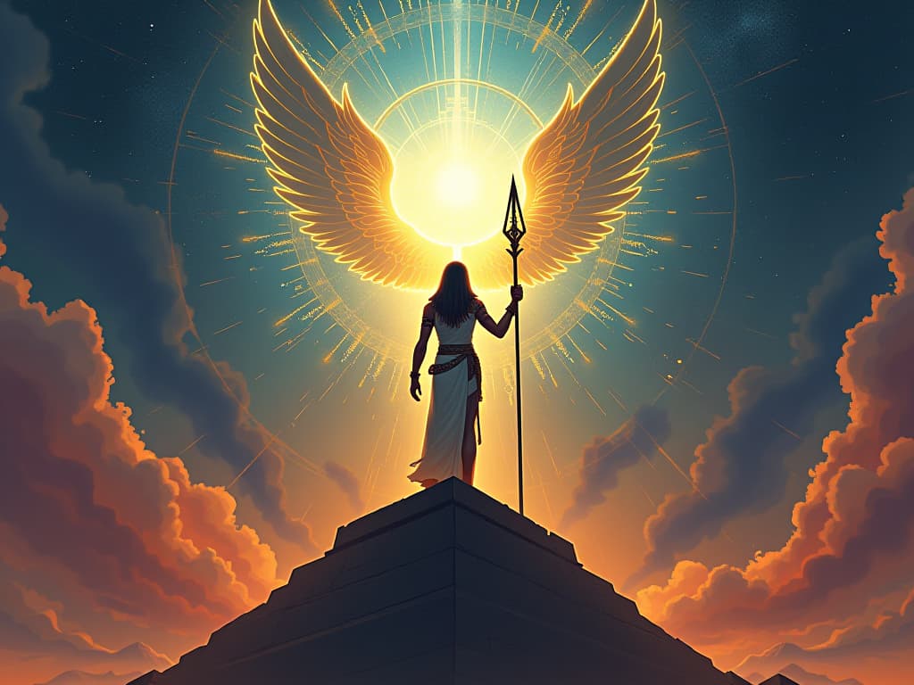  a celestial warrior, standing atop an ancient temple, radiant weapon in hand, energies converging around them, symbolizing catalytic change. the style is digital art illustration / modern comic book / mysterious occult, symbolic, esoteric vibe,high detail on character design, incorporating ancient egyptian symbology and attire.