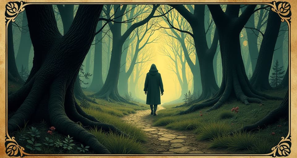  a figure walking a path through a dense forest, emerging sunlight, guidance, trust. an illustration in the style of a worn, mystical old tarot trump card, mysterious and elements of surrealism. the colors are muted, somber and eerie, but with contrast bring out an occult and esoteric vibe.