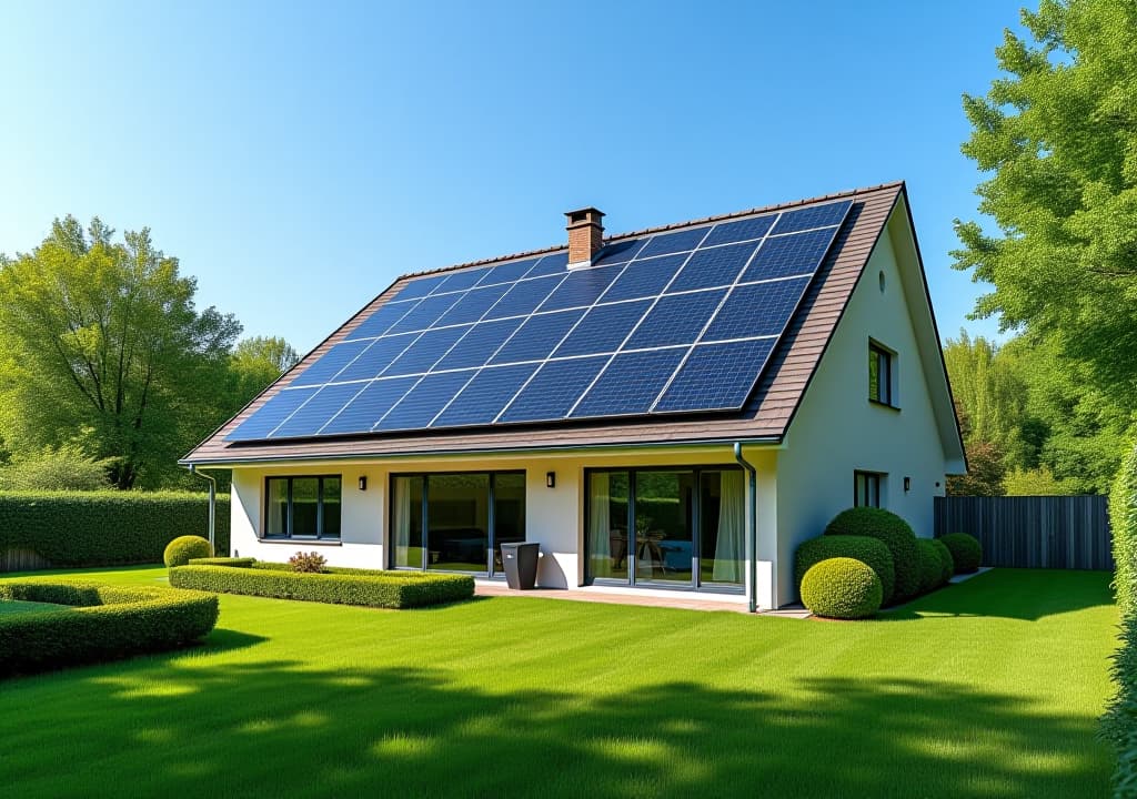  modern suburban home with an extensive solar panel array in a bright, green garden under a clear blue sky, showcasing renewable energy solutions