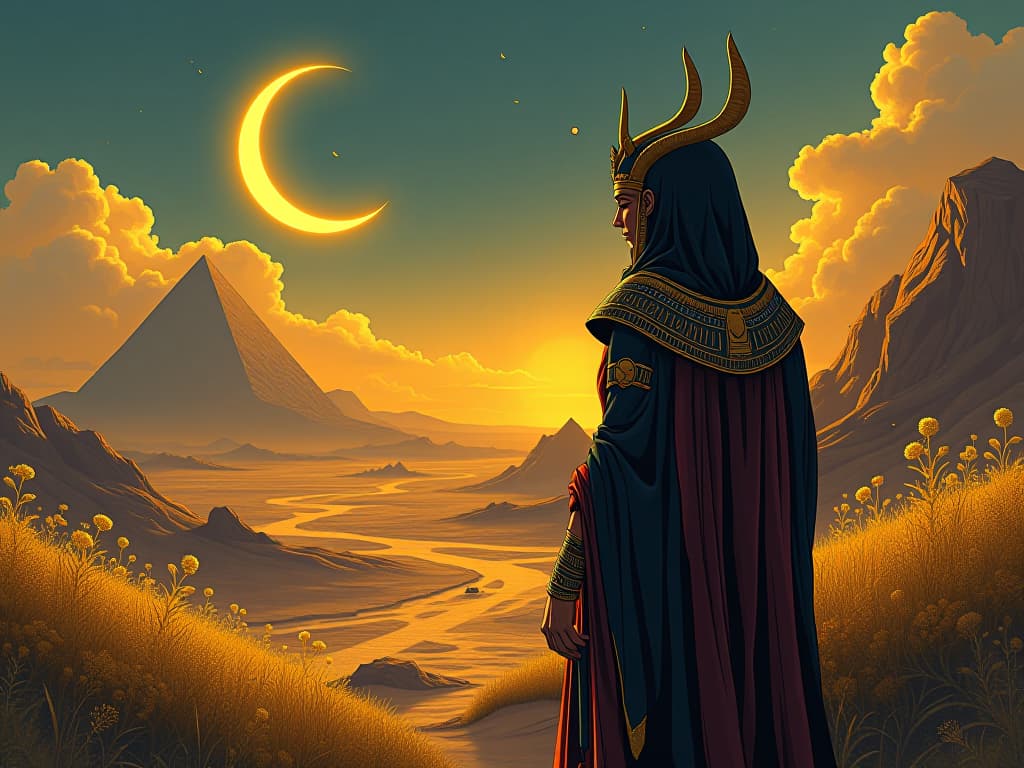  golden buds blooming in a desert oasis, under the light of a crescent moon, aura of dormant potential coming to life, promise of new beginnings. the style is digital art illustration / modern comic book / mysterious occult, symbolic, esoteric vibe,high detail on character design, incorporating ancient egyptian symbology and attire.