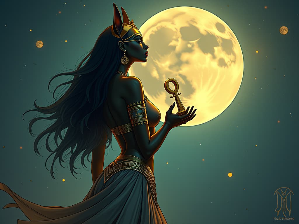  goddess bastet, large busted with form fitting dress, holding an ankh and gazing at the moonlit sky, surrounded by glowing symbols of transformation, under the full moon's powerful aura. the style is digital art illustration / modern comic book / mysterious occult, symbolic, esoteric vibe,high detail on character design, incorporating ancient egyptian symbology and attire.