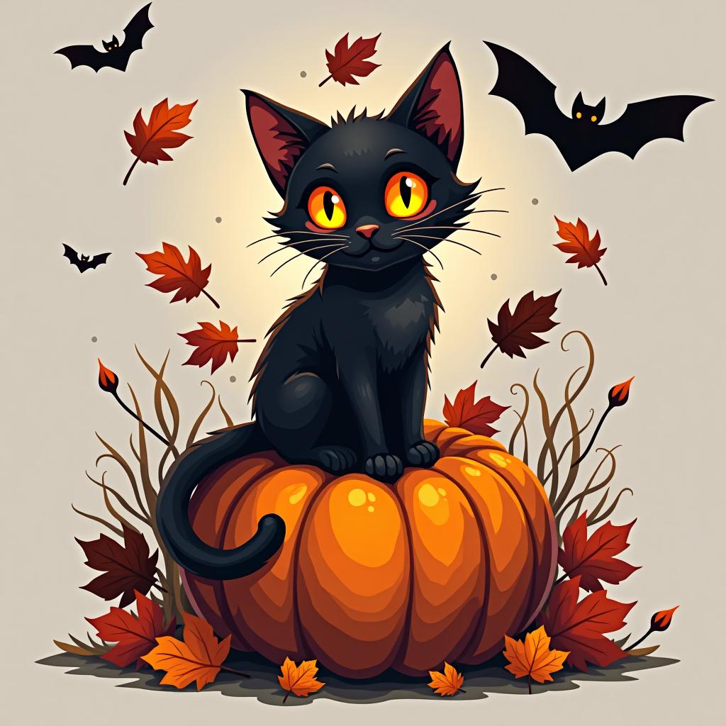  a cute black cat with glowing eyes sitting on a pumpkin, surrounded by swirling autumn leaves in a whimsical style, with warm, moody lighting. t shirt design, vector, contour, white background, no mockup hyperrealistic, full body, detailed clothing, highly detailed, cinematic lighting, stunningly beautiful, intricate, sharp focus, f/1. 8, 85mm, (centered image composition), (professionally color graded), ((bright soft diffused light)), volumetric fog, trending on instagram, trending on tumblr, HDR 4K, 8K