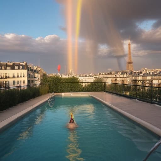 Draw a man who’s going to swim. The scene takes place in a swiming pool of a roof top appartement in Paris. We can see the eiffel tower and a rainbow in the Sky.