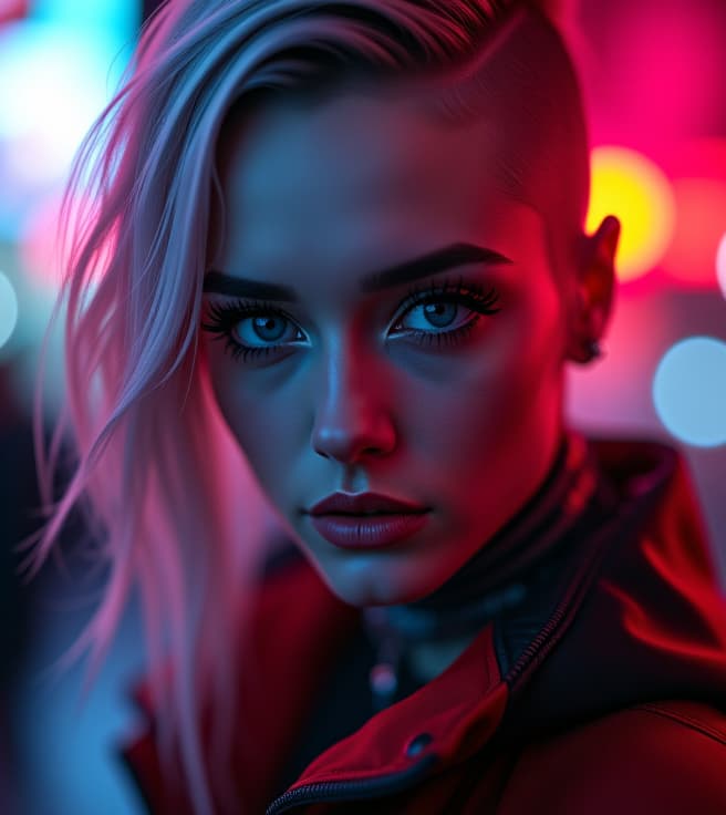  ultra realistic close up portrait ((beautiful pale cyberpunk female with heavy black eyeliner)), blue eyes, shaved side haircut, hyper detail, cinematic lighting, magic neon, dark red city, canon eos r3, nikon, f/1.4, iso 200, 1/160s, 8k, raw, unedited, symmetrical balance, in frame, 8k hyperrealistic, full body, detailed clothing, highly detailed, cinematic lighting, stunningly beautiful, intricate, sharp focus, f/1. 8, 85mm, (centered image composition), (professionally color graded), ((bright soft diffused light)), volumetric fog, trending on instagram, trending on tumblr, HDR 4K, 8K