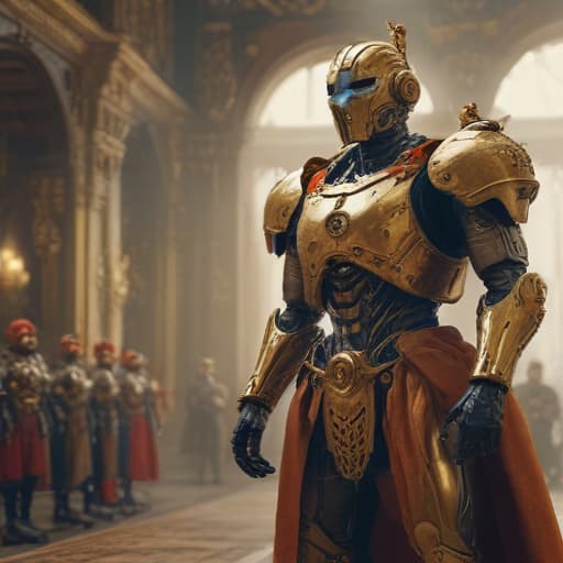 Baroque-style battle scene with futuristic robots and a golden palace in the background. hyperrealistic, full body, detailed clothing, highly detailed, cinematic lighting, stunningly beautiful, intricate, sharp focus, f/1. 8, 85mm, (centered image composition), (professionally color graded), ((bright soft diffused light)), volumetric fog, trending on instagram, trending on tumblr, HDR 4K, 8K