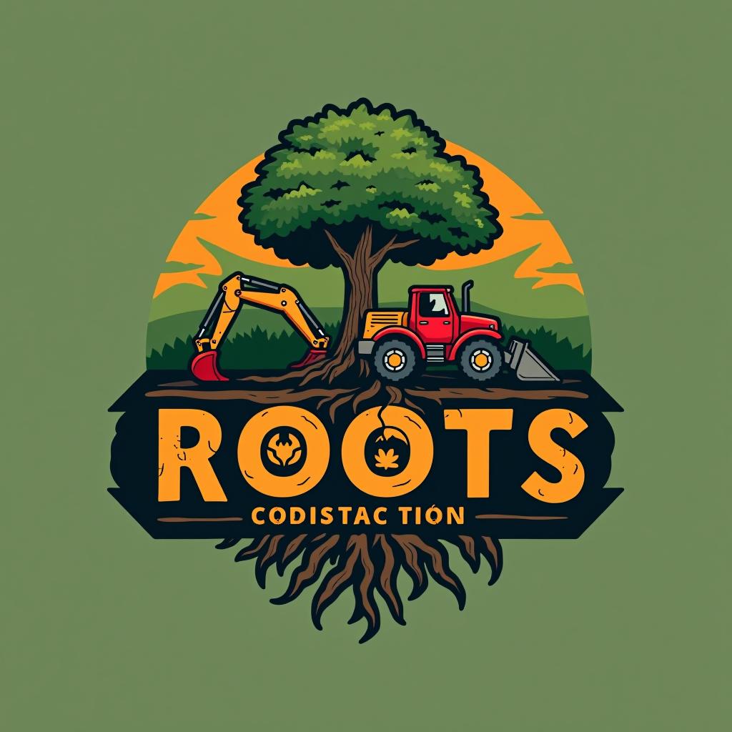  design a logo, make me a logo that says roots constructions in spanish that has roots in the earth but that those roots are streets, with two backhoes and a red truck.