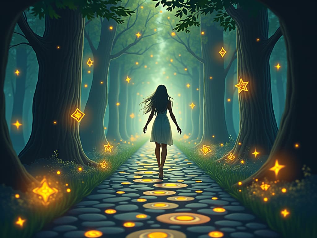  mystic evolving, walking through a path covered in luminous symbols and ethereal lights in a magical forest. celestial beings signify growth.. the style is digital art illustration,highly detailed, whimsical,magical, dreamlike atmosphere, realism and fantasy blend, smooth, glossy textures,luminous quality, wonder and enchantment.