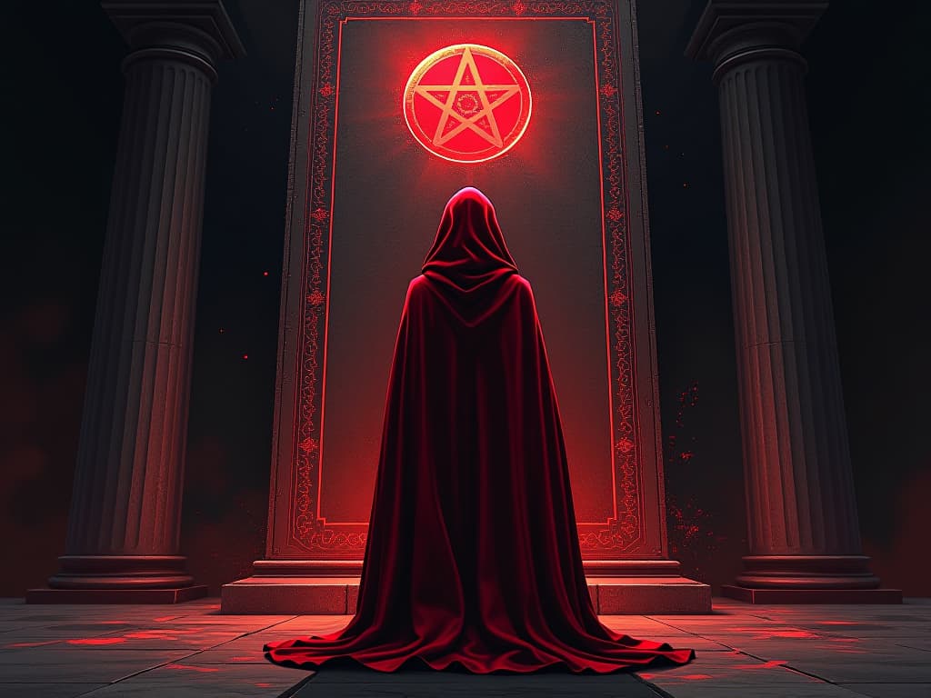  woman in red cloak, standing before an ancient stone tablet, markings glowing, aura of confronting consequences. the style is digital art illustration / modern comic book / graphic dark novel fantasy and mysterious occult, symbolic, moody lighting, esoteric vibe,high detail on character design. for the color scheme emphasize blacks and reds.