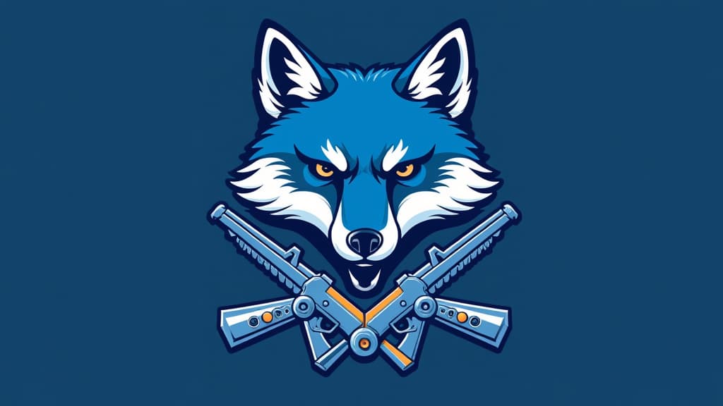  design a logo, un renard bleu et blanc avec des armes , with the text 'nuka'.