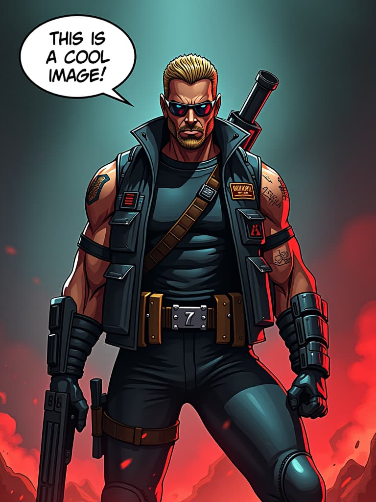  duke nukem, comics style, speech bubble text "this is a cool image" hyperrealistic, full body, detailed clothing, highly detailed, cinematic lighting, stunningly beautiful, intricate, sharp focus, f/1. 8, 85mm, (centered image composition), (professionally color graded), ((bright soft diffused light)), volumetric fog, trending on instagram, trending on tumblr, HDR 4K, 8K