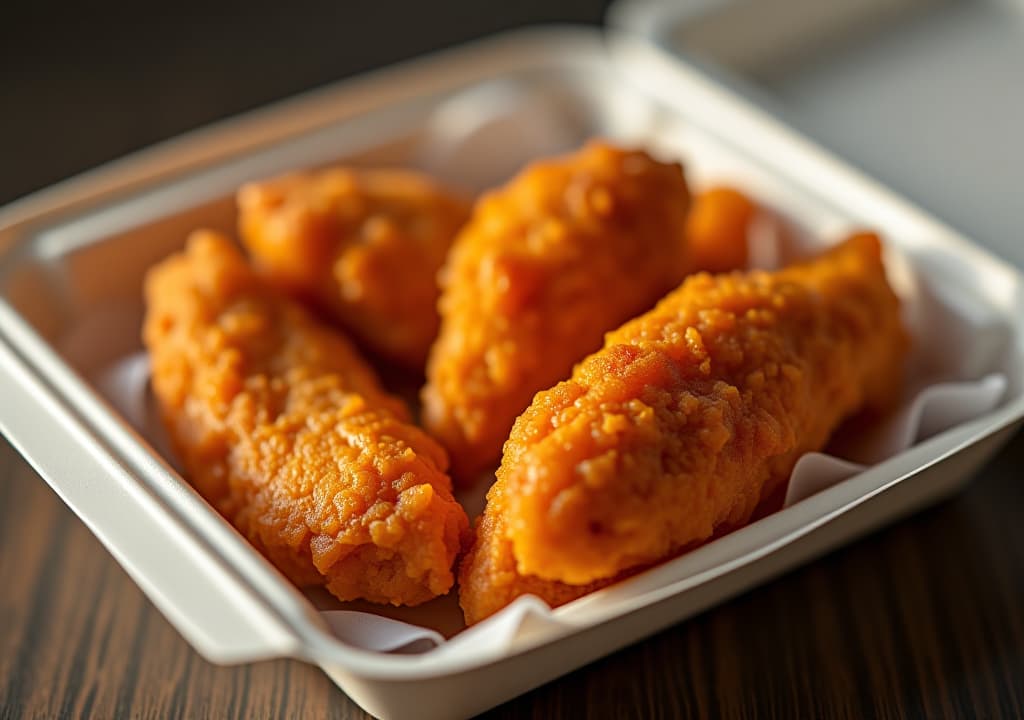  fresh hot chicken tenders or wings in takeaway container, ready to serve