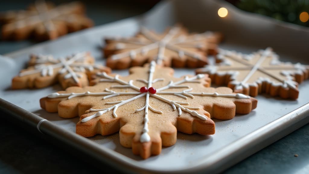  professional detailed photography, tasty decorated biscuits in the shape of christmas snowflake lying on stainless baking sheet in light kitchen, space around, high detail, high quality, high sharpness, , (muted colors, dim colors, soothing tones), (vsco:0.3)