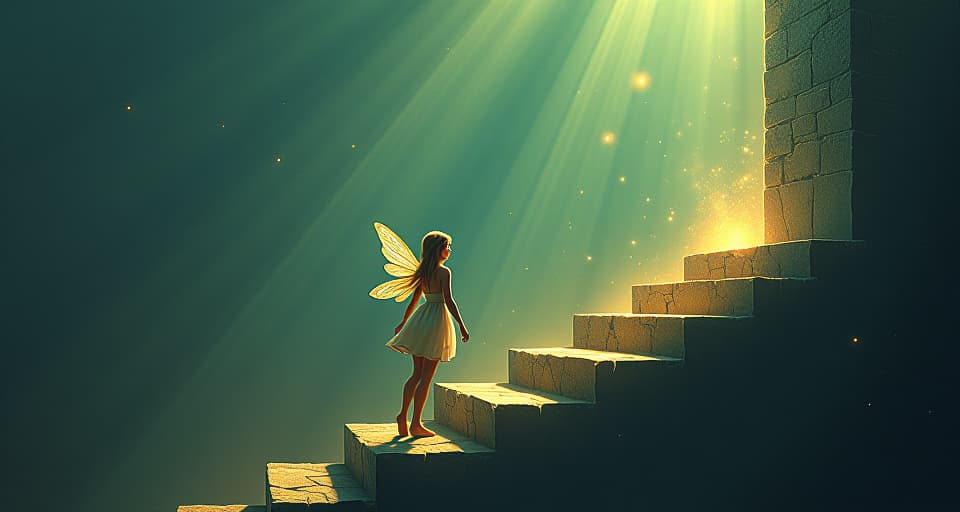  noble fairy harnessing beams of light from an enchanted wall, stepping onto radiant stones. theme of turning obstacles to steps.. the style is digital art illustration,highly detailed, whimsical,magical, dreamlike atmosphere, realism and fantasy blend, smooth, glossy textures,luminous quality, wonder and enchantment.