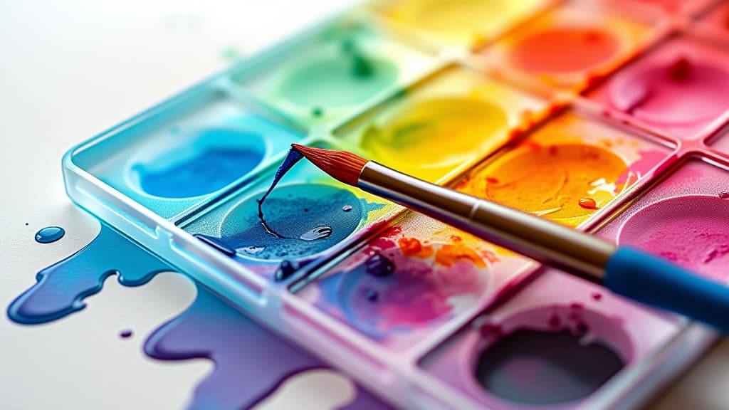  vibrant watercolor palette with brush, showcasing bright colors and artistic creativity on a textured background