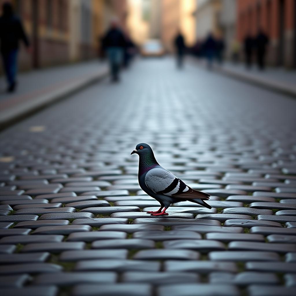  a lone pigeon on a cobblestone street