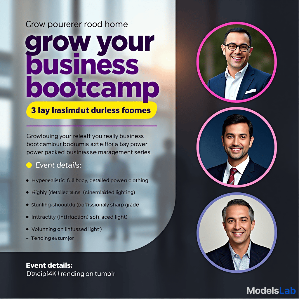  “create a business bootcamp promotion graphic with the following elements: layout: the graphic is divided into sections, with the headline on the left side and speaker images on the right. the left side includes the event title, a brief description, date, and theme information. the right side features circular images of three speakers, each encircled with different colored borders. headline: ‘grow your business bootcamp’ in a bold, large font, with ‘grow your’ in purple and ‘business bootcamp’ in a larger, bolder purple font. the word ‘your’ is underlined with a yellow stripe. subheadline: ‘a 3 day power packed business management series’ in a smaller, regular black font below the headline. event details: • dat hyperrealistic, full body, detailed clothing, highly detailed, cinematic lighting, stunningly beautiful, intricate, sharp focus, f/1. 8, 85mm, (centered image composition), (professionally color graded), ((bright soft diffused light)), volumetric fog, trending on instagram, trending on tumblr, HDR 4K, 8K