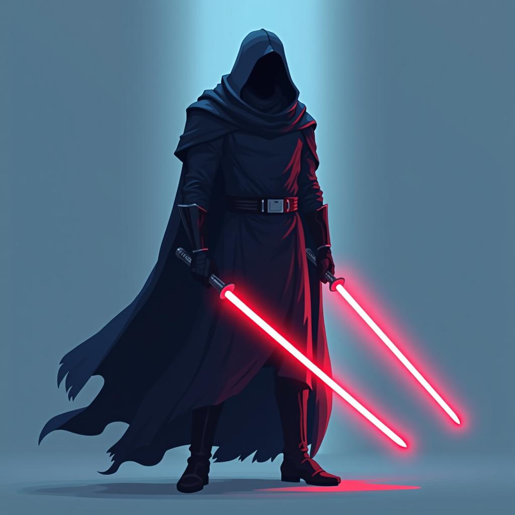  a full length pixel art 128x128 of a character tall figure in a dark robe, intimidating presence, deep voice, ominous helmet, flowing cape, dark boots, hidden face, mysterious aura, strong silhouette, echoing footsteps, glimmering lightsaber, cold demeanor, shadowy outline, powerful stance, black gloves, menacing energy, imposing height, unseen features, dark energy, fear inducing expression, mysterious background the background is a simple plain light blue. hyperrealistic, full body, detailed clothing, highly detailed, cinematic lighting, stunningly beautiful, intricate, sharp focus, f/1. 8, 85mm, (centered image composition), (professionally color graded), ((bright soft diffused light)), volumetric fog, trending on instagram, trending on tumblr, HDR 4K, 8K