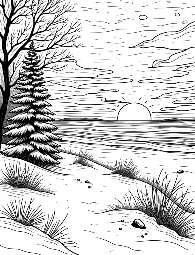  this is for an adult coloring page. a detailed black and white line art of a snowy winter sunset over a snow covered beach on a solid white background.