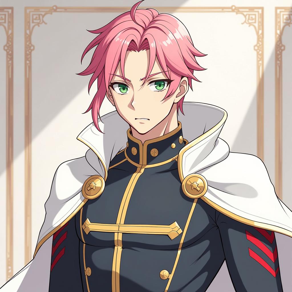  anime artwork anime man, athletic build, pink hair, green eyes, serious face, strict look, white ceremonial guards uniform, white cloak . anime style, key visual, vibrant, studio anime, highly detailed