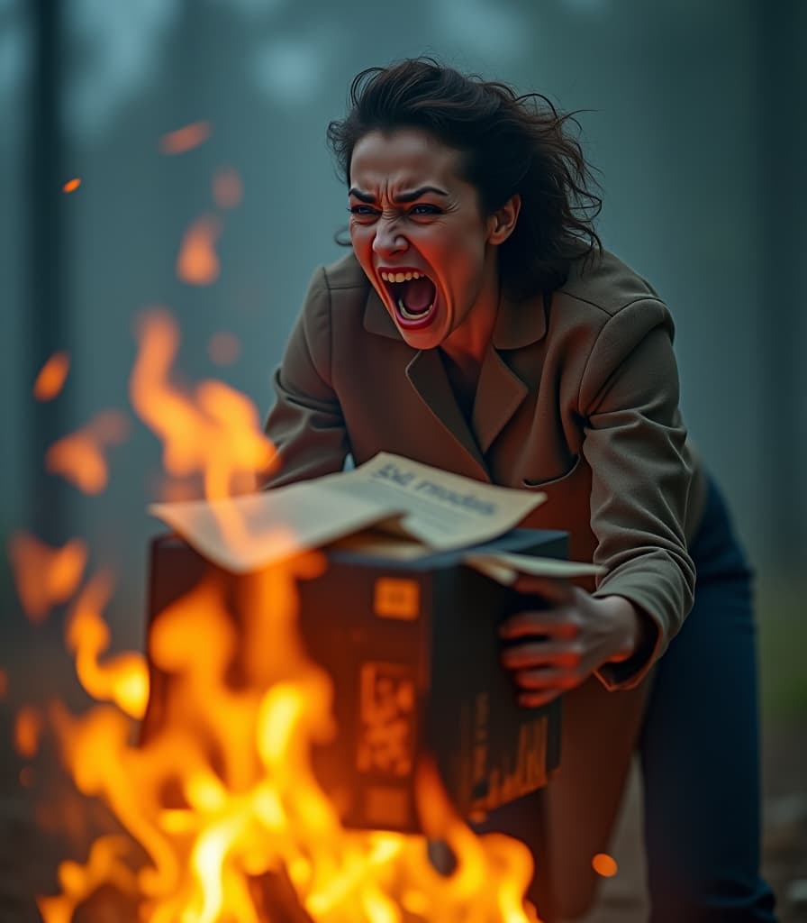  a dramatic photograph captures the intense emotion of a woman in the midst of an explosive moment. she stands at the edge of a roaring campfire, her body tense and leaning forward as she angrily dumps out documents from a worn, battered box into the flames. the old box she is dumping out is labeled 'sdxl models' in large, fading letters. the woman’s posture is aggressive and dynamic. her face, contorted in a fierce, open mouthed sob, is the focal point of the image. her brow is furrowed deeply, eyes wide with a mixture of fury and sadness, the intensity of her emotions palpable. her mouth is wide open, lips curled back as she sobs. her hair, slightly disheveled, catches the firelight, adding to the wildness of the scene. the flames of the hyperrealistic, full body, detailed clothing, highly detailed, cinematic lighting, stunningly beautiful, intricate, sharp focus, f/1. 8, 85mm, (centered image composition), (professionally color graded), ((bright soft diffused light)), volumetric fog, trending on instagram, trending on tumblr, HDR 4K, 8K