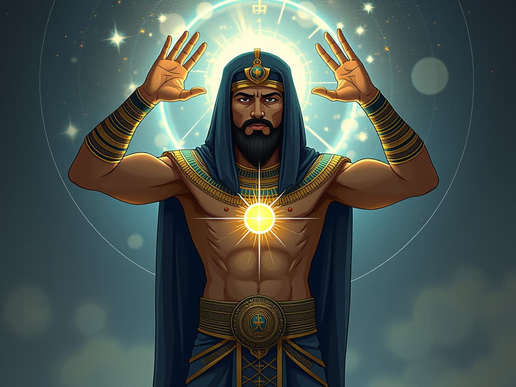  a being of light, thoughts materializing into objects, reality forming from imagination, aura of tangible reality. the style is digital art illustration / modern comic book / mysterious occult, symbolic, esoteric vibe,high detail on character design, incorporating ancient egyptian symbology and attire.