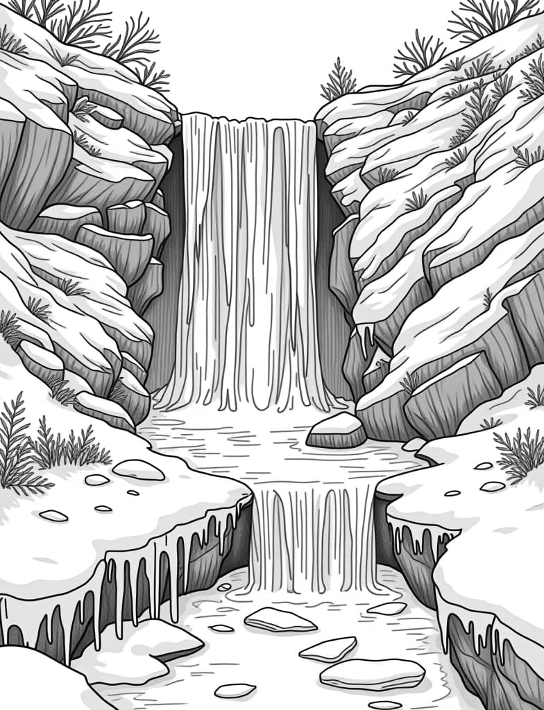  this is for an adult coloring page. a detailed black and white line art of a snowy frozen waterfall with icicles hanging from the rocks on a solid white background.