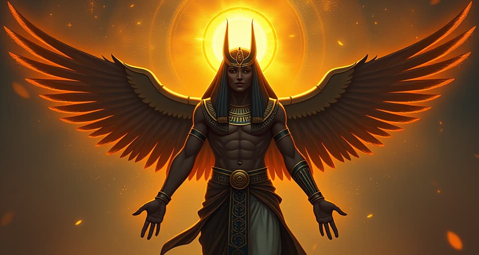  radiant figure, amplified by ancestral power, glowing light, undeniable presence, ancient egyptian setting, mood of inescapable truth. the style is digital art illustration / modern comic book / mysterious occult, symbolic, esoteric vibe,high detail on character design, incorporating ancient egyptian symbology and attire.