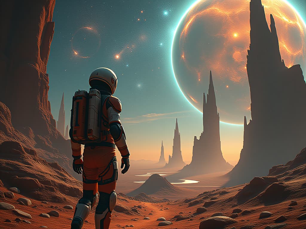  space themed (masterpiece, oil painting:1. 2), (ruins of an ancient spaceport on venus, futuristic mysterious structures:1.4), cyborg in spacesuit in foreground, cinematic style, dynamic perspective from below, (intense close up:1. 2), jim burns style, high detail, high resolution, increased attention to fine detail, ttrend on artstations . cosmic, celestial, stars, galaxies, nebulas, planets, science fiction, highly detailed hyperrealistic, full body, detailed clothing, highly detailed, cinematic lighting, stunningly beautiful, intricate, sharp focus, f/1. 8, 85mm, (centered image composition), (professionally color graded), ((bright soft diffused light)), volumetric fog, trending on instagram, trending on tumblr, HDR 4K, 8K