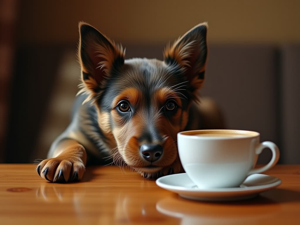  un perro sentado encima de una mesa junto a una taza de café