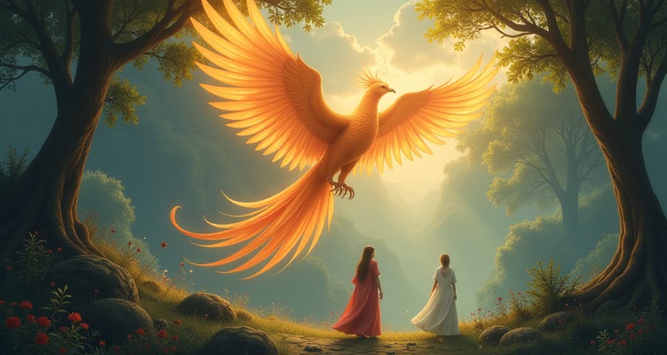  an enchanting scene with a radiant phoenix soaring over an enchanted forest. below, ethereal beings in flowing robes stand grounded, their expressions serene and focused. the phoenix symbolizes those who live aligned with their truth, unchasing validation.. the style is digital art illustration,highly detailed, whimsical,magical, dreamlike atmosphere, realism and fantasy blend, smooth, glossy textures,luminous quality, wonder and enchantment.