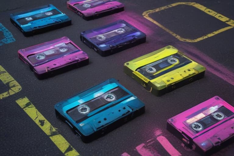 movie cassettes, on asphalt, in neon tones, 4k 3d disney character