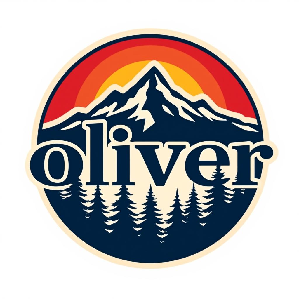  design a logo, custom sticker design on an isolated white background with the bold words ‘oliver’ with a backdrop of a mountain range, and silhouettes of pine trees at sunset