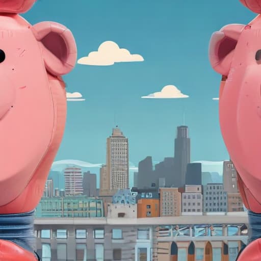 A boxing glove next to a pig in Cartoon style with City background