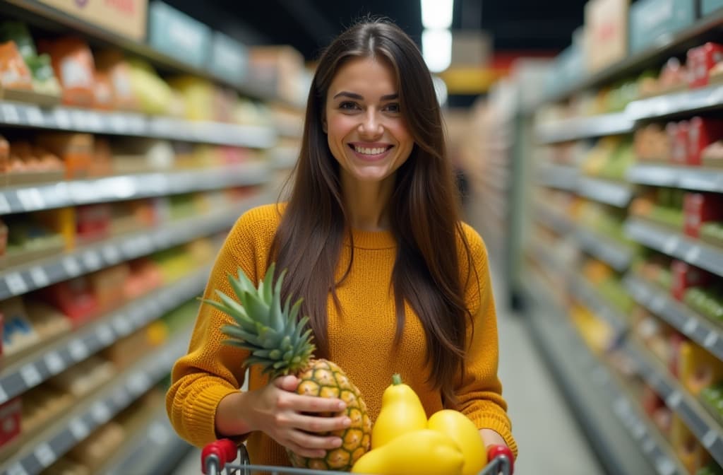  smiling spanish woman with long hair in supermarket, a pinapple in her shopping trolley, full body shot, ar 3:2, (natural skin texture), highly detailed face, depth of field, hyperrealism, soft light, muted colors