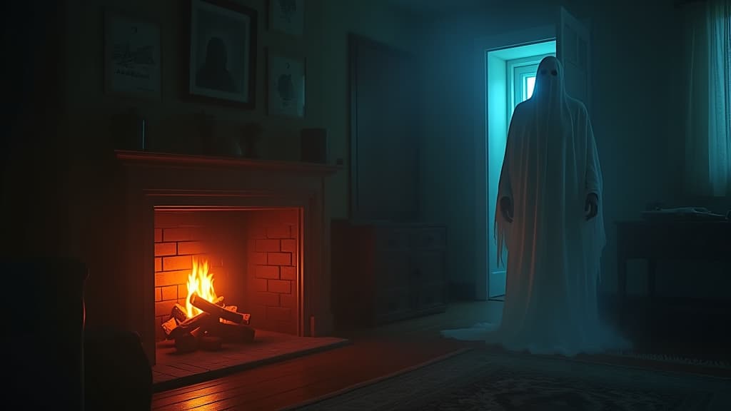  images about horror stories, the chilling revelation of an apparition appearing in front of their fireplace, conjuring dread. hyperrealistic, full body, detailed clothing, highly detailed, cinematic lighting, stunningly beautiful, intricate, sharp focus, f/1. 8, 85mm, (centered image composition), (professionally color graded), ((bright soft diffused light)), volumetric fog, trending on instagram, trending on tumblr, HDR 4K, 8K