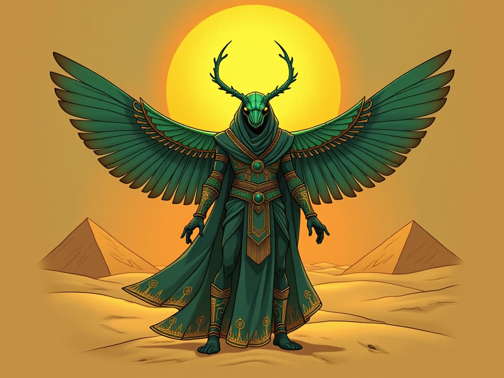  an emerald scarab slowly transforming into a golden one, amidst the sands of a secluded desert, symbolizing transformation. the style is digital art illustration / modern comic book / mysterious occult, symbolic, esoteric vibe,high detail on character design, incorporating ancient egyptian symbology and attire.