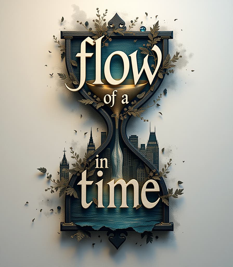  design a multi layered calligram with the phrase 'flow of a moment in time' artistically arranged in gothic capital letters to form the shape of an hourglass. the lettering should be rendered in a surreal style, with exaggerated dimensions and intricate embellishments that draw the viewer in. utilize a palette knife to create a textured background, merging two distinct images: one a tranquil scene of flowing water, and the other a bustling cityscape, representing the dichotomy of time. the expressive movements of the palette knife should add a sense of energy and fluidity to the composition, while post processing techniques refine the overall artwork, creating a harmonious blend of calligraphy and visual storytelling hyperrealistic, full body, detailed clothing, highly detailed, cinematic lighting, stunningly beautiful, intricate, sharp focus, f/1. 8, 85mm, (centered image composition), (professionally color graded), ((bright soft diffused light)), volumetric fog, trending on instagram, trending on tumblr, HDR 4K, 8K