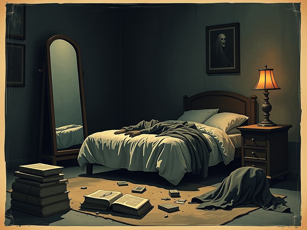  a dimly lit bedroom cloaked in shadows, mirror facing the bed reflecting a chaotic mess, scattered clothes and books, sense of chaos and disarray, oppressive. an illustration in the style of a worn, mystical old tarot trump card, mysterious and elements of surrealism. the colors are muted, somber and eerie, but with contrast bring out an occult and esoteric vibe.