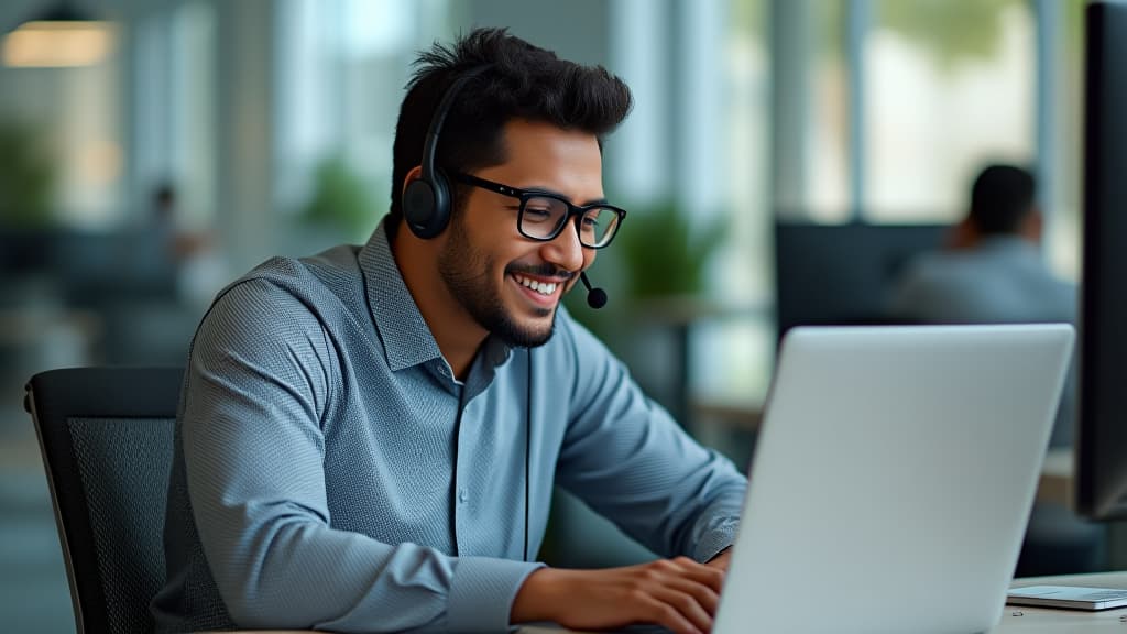  happy indian call center agent wearing headset talking to client working in customer support office. professional contract service telemarketing operator using laptop having conversation. ar 16:9 {prompt}, maximum details