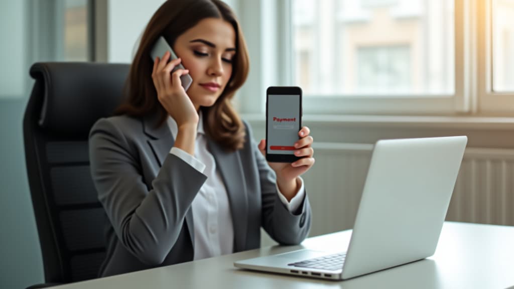  businesswoman holding phone with text payment successful on screen display, sitting in office chair at desk or table with laptop notebook on workplace. online internet shopping, purchase invoice