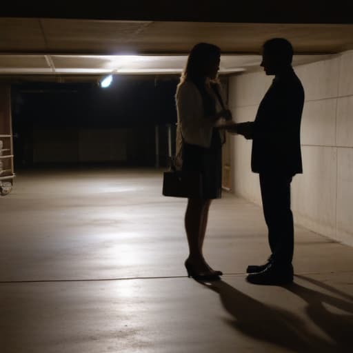 A photo of a Car Accident Attorney providing business card to a distressed individual in a dimly lit underground parking garage during the late evening with a single spotlight casting a dramatic shadow behind them.